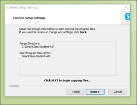 Confirm Setup Settings